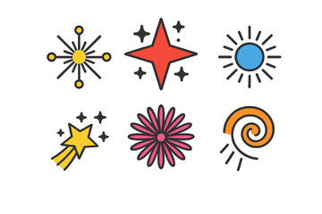 Collection of six colorful abstract symbols representing nature, space, and light elements