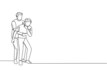Continuous one line drawing a man performs the Heimlich maneuver on another man holds neck. Appropriate first aid measures. National Heimlich Maneuver Day. Single line draw design vector illustration