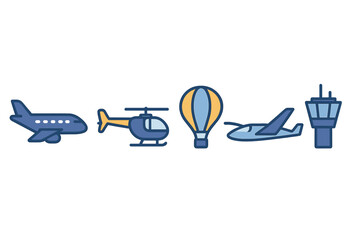 Modern collection of air travel and transportation icons including aircraft and tower