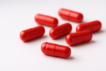 Health and wellness photography red capsules on white in a minimalist top view environment