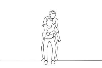Single one line drawing front view, a man performs the Heimlich maneuver on another man holding his neck. Appropriate action National Heimlich Maneuver Day. Continuous line design graphic illustration