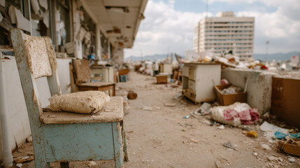 A devastated school building shows scattered desks and debris on the floor with signs of neglect and disarray in an abandoned educational environment