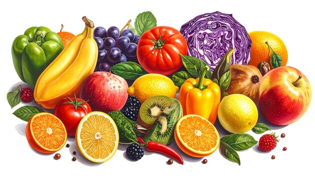 Vibrant and Colorful Collection of Fresh Fruits and Vegetables Isolated