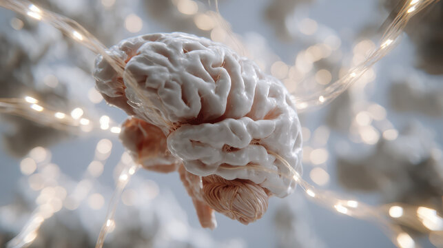 A digital brain connected to glowing fiber optic lines, representing advanced technology and neural connectivity in a futuristic environment