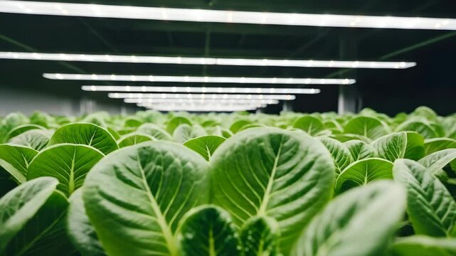 Rows of fresh green lettuce plants grow under bright led lights in a modern indoor vertical farm