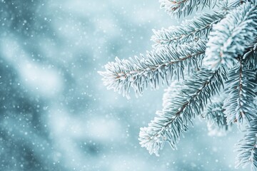 Frost-covered evergreen pine branch with falling snow in winter landscape.
