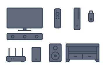 Modern home entertainment and networking electronic devices icons collection