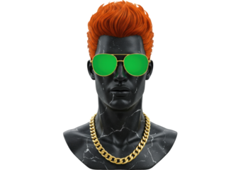 Isolated bust statue with bright hair, golden necklace, and green lens sunglasses trend