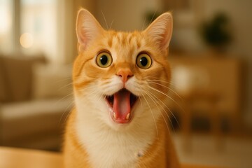 Excited cat posing playfully indoors home environment animal photography whimsical mood