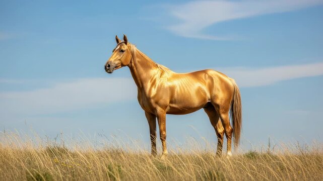 Golden Akhal-Teke horse standing in dry grass field under clear blue sky, capturing its elegance. Golden Akhal-Teke breed shows stunning metallic sheen in sunlight, displaying unique qualities.