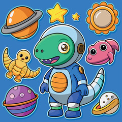 Fototapeta premium Cute cartoon dinosaur astronaut exploring planets and stars in outer space adventure