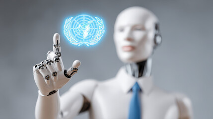 A futuristic humanoid robot in a suit interacts with a glowing hologram of the United Nations logo, symbolizing technology and global diplomacy