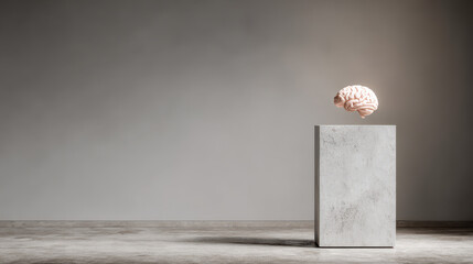A human brain sculpture displayed on a concrete pedestal against a plain wall creating an artistic and minimalist look, symbolizing intelligence and creativity