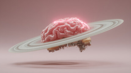 A futuristic pink brain floats above a circular structure resembling Saturn's rings, symbolizing advanced technology and creativity in a surreal and imaginative setting
