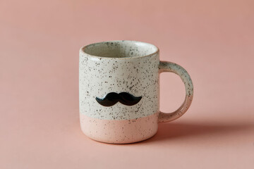 A charming white ceramic mug featuring a black mustache symbol on its surface set against a soft pink background creating a playful and whimsical aesthetic