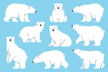hand drawn polar bear icons pack variety of poses simple flat arctic wildlife vectors
