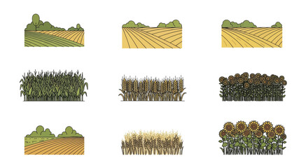 Agricultural crops and farm fields line art icon set.