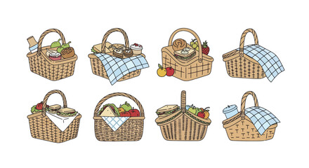 Collection of handdrawn wicker picnic baskets with food.