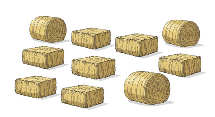 Collection of hand drawn hay bales round and square shapes illustration.