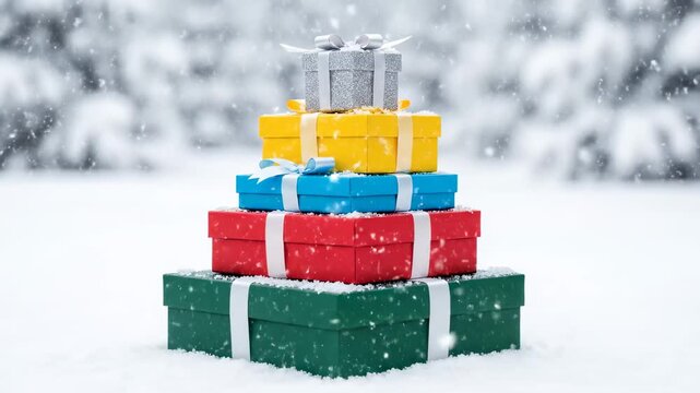 Stack of Colorful Gift Boxes in Winter Snow - A festive stack of colorful gift boxes is presented in a snowy winter scene, creating a warm and celebratory atmosphere.