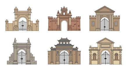 Fototapeta premium Set of various architectural gates and entrances isolated on white.