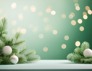 Minimal White and Green Christmas Background with Lights