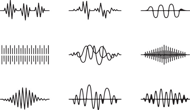 vector waveform collection showing noise tones harmonics envelopes and spectra for scientific illustration