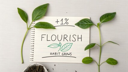 A notebook with the word Flourish and sprouting leaves