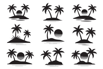 Fototapeta premium minimalist island icons palm silhouettes with sun reflection sea waves scalable vector ai eps png jpeg