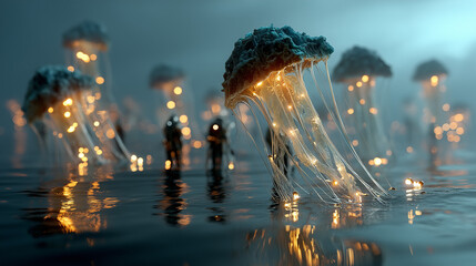 Surreal Ocean of Time with Floating Jellyfish Clocks and Dreamlike Reflections