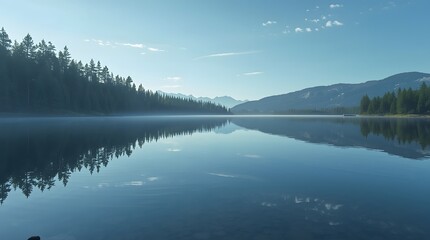 Fototapeta premium Stunningly serene lake reflecting mountains and forest under a clear blue sky, perfect for inspiring travel, nature, and peaceful contemplation