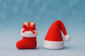 Festive christmas stocking and hat with gift holiday theme soft focus background joyful spirit