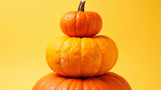 Stacked Pumpkins on Yellow Background - A stack of three pumpkins sits on a yellow background, creating a unique arrangement.