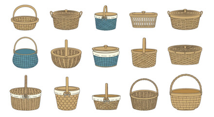 Set of various hand drawn wicker baskets isolated on a white background.