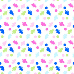 Abstract Seamless Pattern with Blue Oak Leaves and Colorful Dots