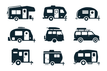 camper and trailer icon collection 9 silhouettes motorhome travel trailer campervan vector files