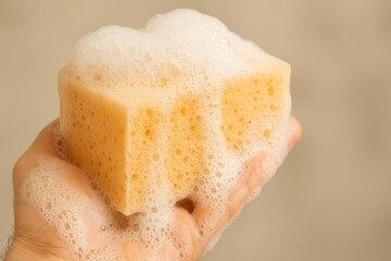 Cleaning action with soapy sponge in home environment detailed close-up view for relaxing cleaning tips