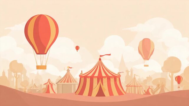 Dreamy scene of a circus with balloons and tents in a soft, pastel color scheme