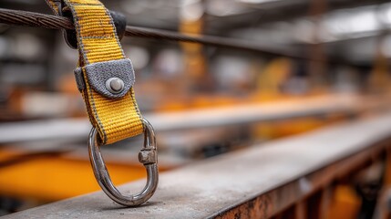 Close Up of Yellow Safety Harness and Carabiner on Metal Railing