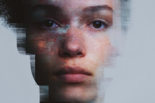 Fragmented face merges human features with digital distortions,