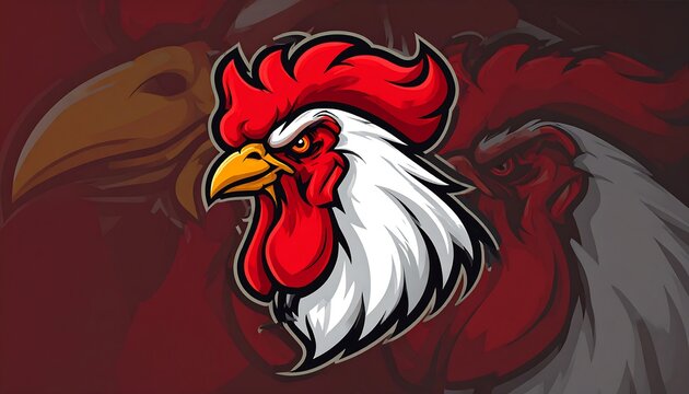 A detailed illustration of a rooster's head in vibrant colors and a dynamic pose, showing its fierce demeanor against a subtle background - Powered by Adobe