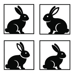 Four silhouette black rabbit icons each presented in a square frame offering a cute and simple mammal design silhouette