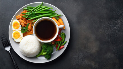 A vibrant and nutritious plate featu chicken, boiled eggs, rice, and fresh vegetables is presented on a dark textured surface, creating an appealing composition.