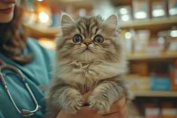 Fluffy kitten with large eyes held by vet in cozy clinic setting