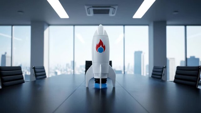Startup Rocket Launch in Modern Office - A white rocket with a flame logo stands on a conference table in a modern office setting, with a city view in the background.