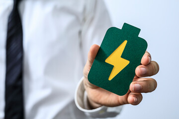 High-quality stock photo of a businessman holding a green battery icon, symbolizing energy, power,...