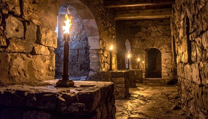 A dimly lit corridor inside a stone building with torches. Arched doorways and rough stone walls create a medieval atmosphere