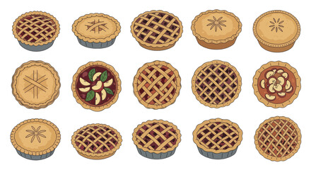 Collection of assorted homemade pies vector illustration.