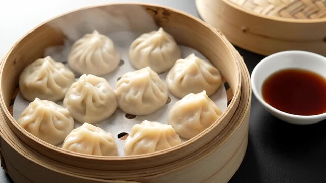 Steamed Mandu Dumplings in Bamboo Steamer - A close-up shot of steamed Korean mandu dumplings arranged in a bamboo steamer basket. A small bowl of dipping sauce sits beside the dumplings.