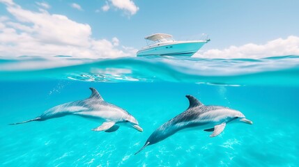 Fototapeta premium Dolphins swimming in clear blue waters, playful marine mammals interacting, perfect for ocean conservation themes.